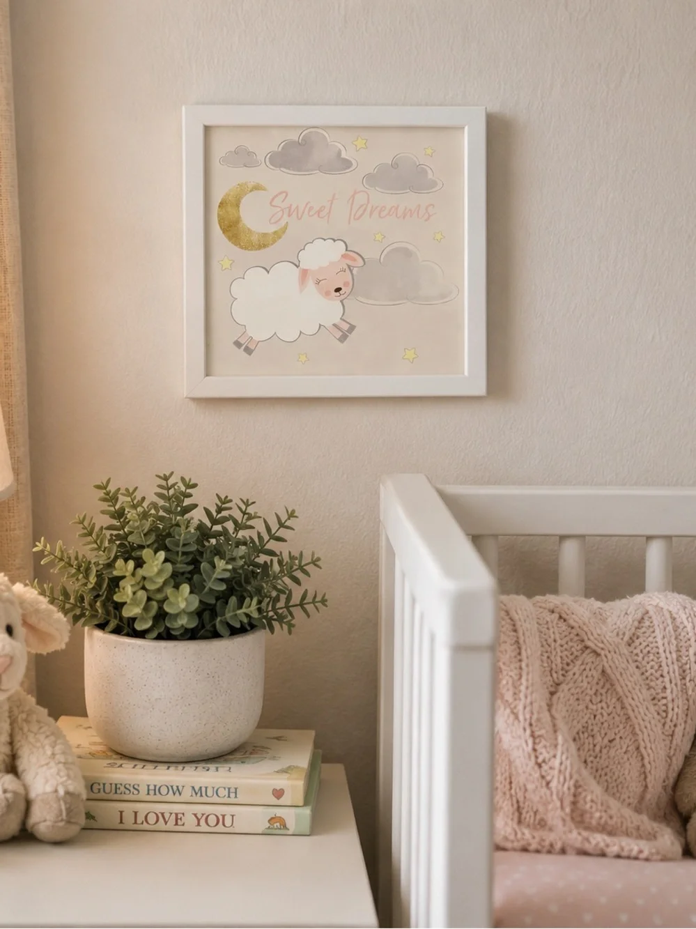 Sweet Dreams Nursery Wall Art Decor | Framed Sheep Moon Stars Print